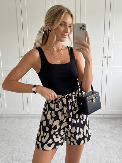 SHEIN LUNE Women's Summer Colorblock U-Neck Printed Casual Romper For Vacation