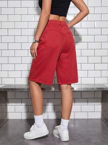 SHEIN ICON 女士宽松破洞口袋牛仔短裤 - 紅色 - 查看 2