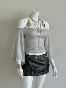 EgrlEra Women's Off Shoulder Asymmetrical Sleeve Halter Fashion T-Shirt - Silver - View 3