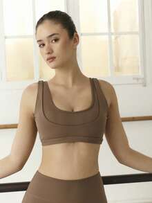 Nöista Coffee Brown Sports Bra With Double Strap Scoop Design,Removable Padding Medium Support For Summer Athleisure Gym Running Women Fitness Training - Coffee Brown - View 4