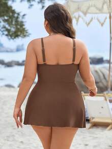 Swim Lushoire Plus Size Basic Square Neck One-Piece Swimsuit - Brown - View 3