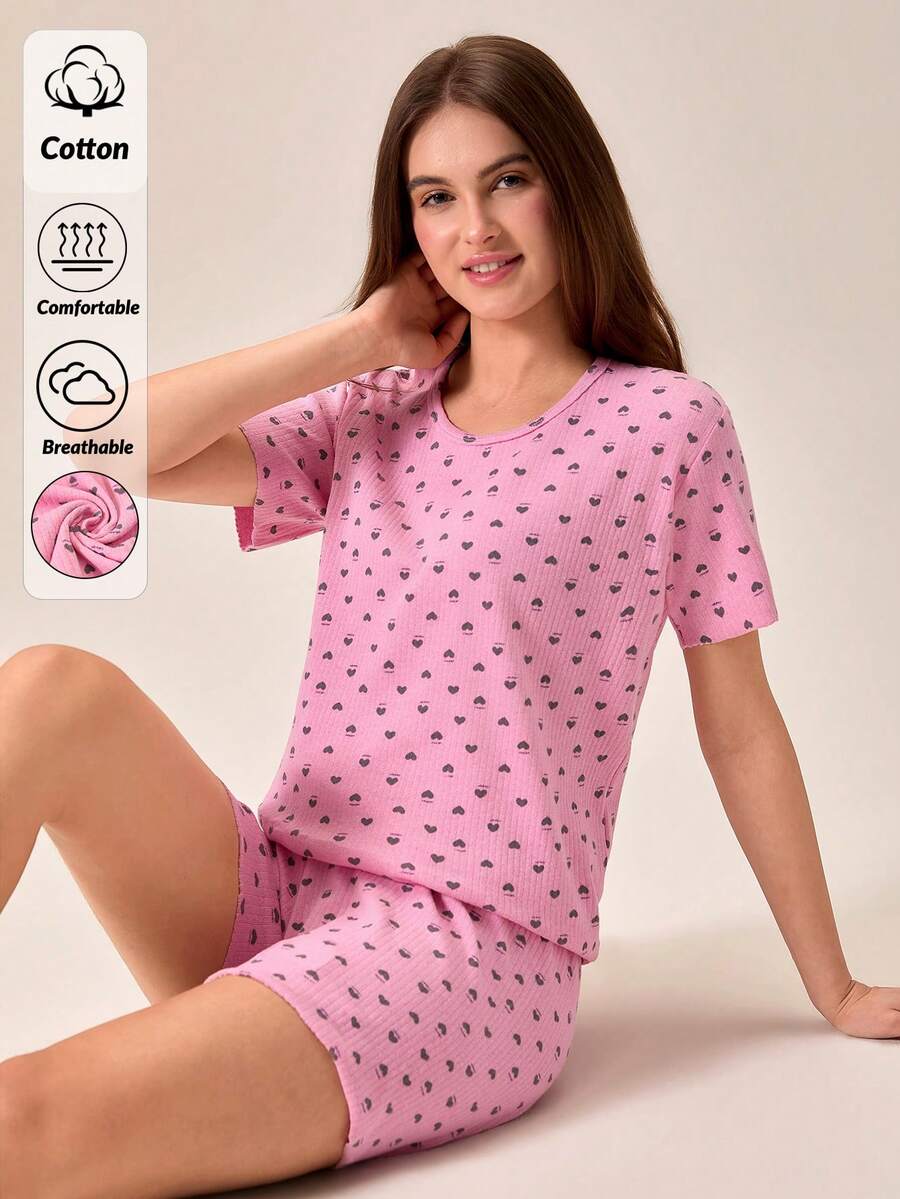 Loomlin Bộ đồ ngủ nữ 2 món bằng cotton, dệt kim gân, màu hồng phối tương phản, họa tiết trái tim, cổ tròn, tay ngắn, áo và quần short, thoải mái, mặc nhà. - Hồng - Xem 1