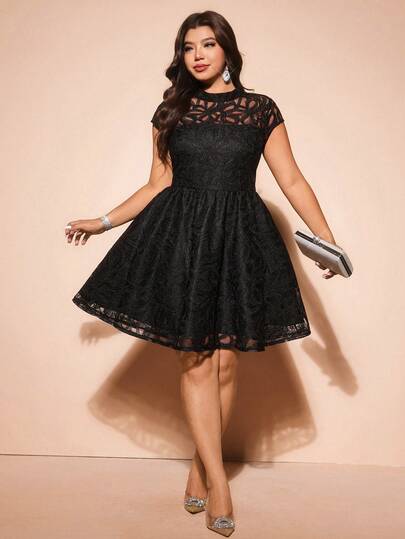 Cravure Plus Size Women Elegant Round Neck Cap Sleeve Dress