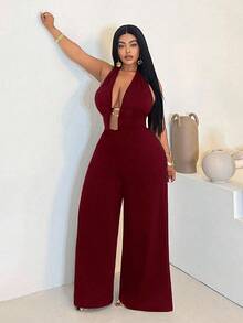 Maweii Plus Size Women's Sexy Solid Color Halter Deep V Metallic Decor Clasp Jumpsuit, Fashionable Design Versatile For Party And Gathering - Burgundy - View 5