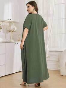 Al Najma Vestido largo de manga corta de unicolor, talla grande, estilo turco y árabe para mujeres - Verde - Ver 2