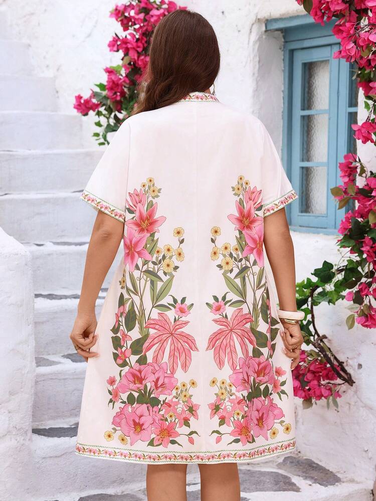 Plus Size Women's Summer Casual Vacation Elegant  Floral Print V-Neck Casual Vacation Dress, Suitable For Summer,Summer Vacation,Casual Holiday Style,Summer Outfits For Women ,Vacation Outfits Women ,Holiday Outfits For Women,Going Out Outfits,New Clothes,Simple And Fashionable For Everyday Wear,Suitable For Summer, Vacation, Daily Wear, Festival Outfits For Women,Country Concert Outfit,Beach Outfits For Women,Western Style,Flowy Dress,Gifts For Mother,Boho Dress