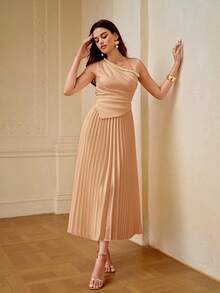 ZEYLAH Gaun Midi Wanita Warna Polos dengan Hiasan Mutiara Imitasi dan Detail Kerut di Pinggang, Elegan, Cocok untuk Kencan dan Pesta - Coral Pink - View 6