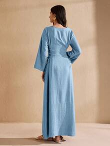 Graceveil Round Neck Solid Color Drawstring Tie Abaya Dress - Blue - View 3