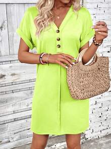 EMERY ROSE Women's Fluorescent Green Button Design Short Sleeve Casual Mini Dress - Green - View 3