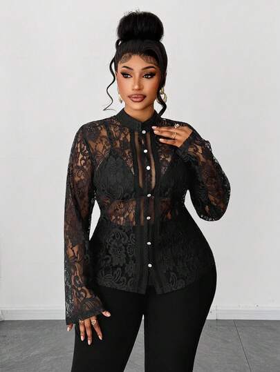 Maweii Plus Size Women Casual/Office Black Lace Long Sleeve Blouse
