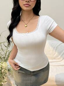 SHEIN EZwear Camiseta de manga corta con cuello cuadrado de color sólido talla grande - Blanco - Ver 5