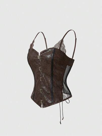 ROMWE Hippie Áo croptop phối lưới PU họa tiết da thú và da rắn phong cách cổ điển, thích hợp cho lễ hội âm nhạc.