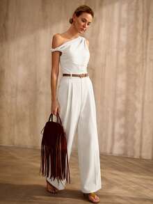 MOTF PREMIUM 不对称肩部连体裤，配腰带，复古风格，春夏款 - 白色 - 查看 5