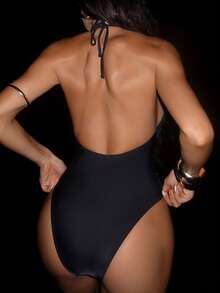 Swim SXY Women's Textured Fabric With Metallic Shimmer Design, Front & Center Metal Decor One-Piece Swimsuit, Sexy & Elegant Beach, Holiday, Island Party Style - Black - View 2