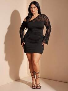 SHEIN BAE Plus Size Lace Patchwork Short Dress With Long Sleeves,Black,Autumn,Elegant,Formal,Evening,Night Out Club,Wedding Guest,Prom,Party,Graduation - Black - View 8