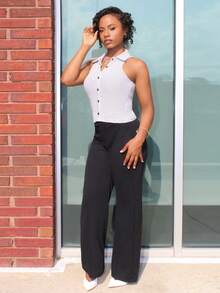 Steph T 女式无袖单排扣休闲领衬衫外出上衣 - 黑與白 - 查看 5