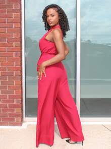 Steph T 度假高领开叉哈伦连体裤带口袋 - E 勃艮第连体裤红色连体裤女装度假连体裤红色连体裤 - 酒紅色 - 查看 6