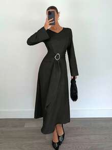 Siren Gaze 女士纯色V领长袖金属腰带设计优雅连衣裙 - 黑色 - 查看 4