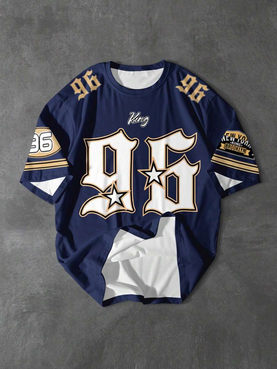 PAVTROS 男式数字条纹印花圆领短袖T恤 - 彩色 - 查看 1