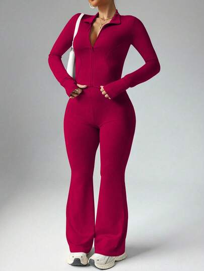 Slayform 女式大码休闲拉链夹克，带拇指孔和高腰喇叭裤两件套 长袖连体裤女式两件套 女式连体裤 健身连体裤女式两件套 女士两件套