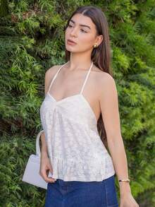 Andrea Bello Top camisola con empalme de encaje en unicolor y detalle trenzado, estiloso para el verano - Albaricoque - Ver 4