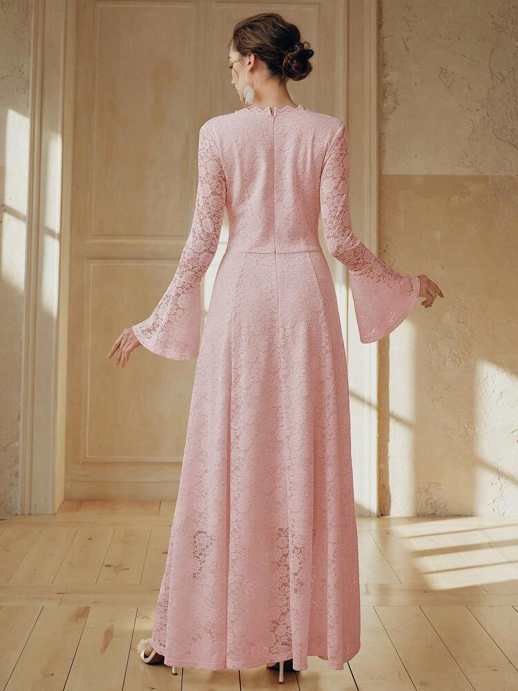 Women's New Lace Long Sleeve Maxi Elegant Luxurious A-Line Beige Dress, Spring/Summer, Flared Sleeve Dress For Valentine's Day