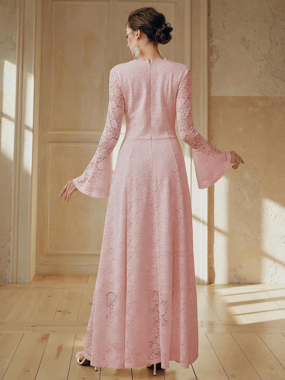 Women's New Lace Long Sleeve Maxi Elegant Luxurious A-Line Beige Dress, Spring/Summer, Flared Sleeve Dress For Valentine's Day