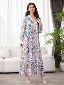 SHEIN Najma Đầm nữ thanh lịch, sang trọng và duyên dáng với họa tiết hoa và Ả Rập, dáng rộng. - Màu tím hoa cà - Xem 6