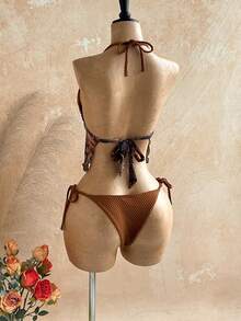 Soleia 女士夏季沙滩拼接腰果花卉印花露背系带时尚吊带泳衣套装 - 彩色 - 查看 2