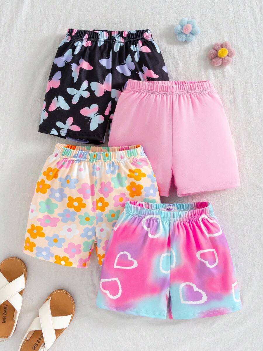 4pcs Celana Pendek Anak Perempuan Motif Tie-Dye Hati, Tie-Dye Kupu-kupu, dan Patchwork Bunga Warna Polos, Serbaguna untuk Pakaian Sehari-hari di Musim Panas dan Aktivitas Luar Ruangan - MultiWarna - View 1