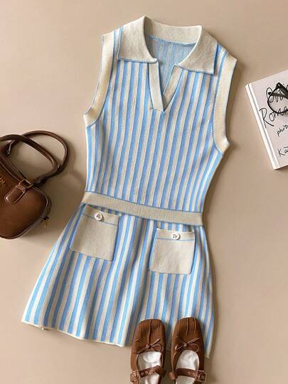 Muvela Bộ đồ nữ 2 mảnh gồm áo len không tay cổ bẻ kẻ sọc, đa năng, phù hợp cho nhiều dịp như vintage, học đường, công sở, trang trọng, thường ngày, lãng mạn, retro thập niên 90, dự tiệc, đám cưới, và mặc hàng ngày.