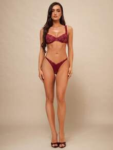 Silquee 花卉蕾絲鋼圈內衣套裝 - 酒紅色 - 查看 3