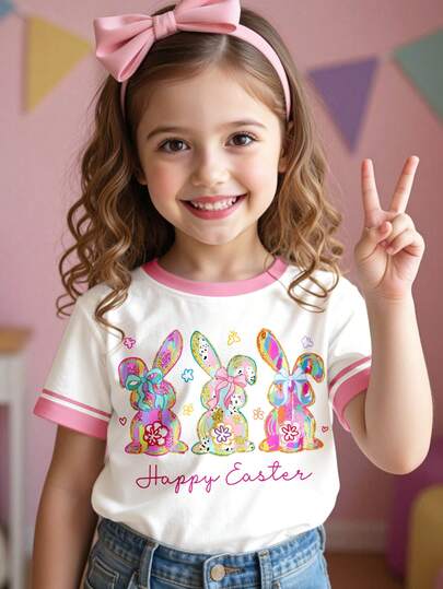 SHEIN Young Girls Pink Striped Colorful Easter Bunny Print Graphic Tee, Graffiti Style, Young Girl Casual Minimalist Round Neck Short Sleeve T-Shirt, Suitable For Summer
