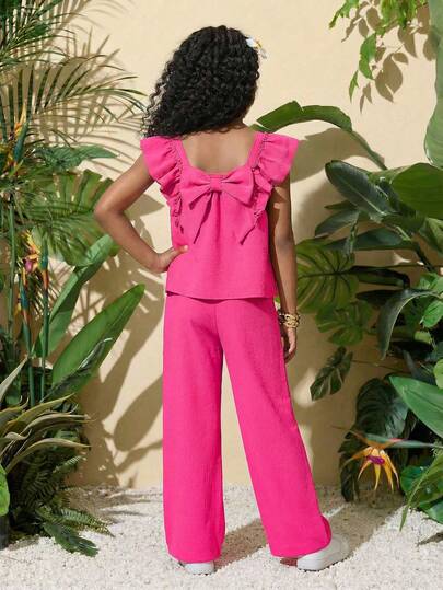 SHEIN Tween Girl Ruffle Bow Decor Casual Top And Pants Set