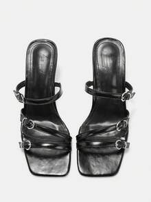 CUCCOO CURVES Plus Size Wide Fit Rhinestone Decorated Sandals With High Heel And Multi-Straps, Sexy Spring Shoes Spring Break Easter Summer Shoes - Black - View 10