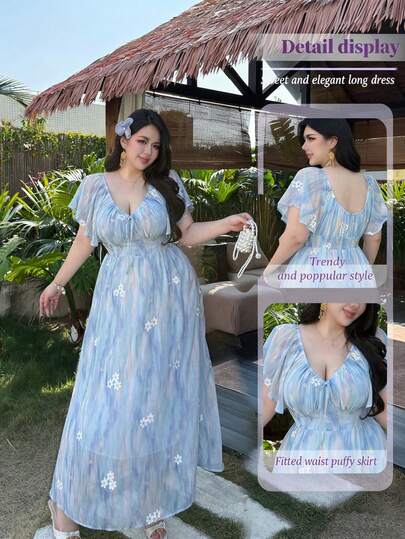 Vibekara Plus Size Women Elegant Off Shoulder Embroidered Floral Ruffle Tie-Up Maternity Gown For Photoshoot Baby Blue Maternity Dress Maternity Sets Summer Night Gown Women Maxi Dress Blue Flower Dress Vacation Maxi Dress Baby Blue Maxi Dress Cottagecore Dress