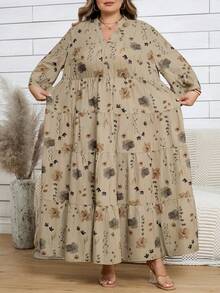 SHEIN CURVE+ Váy đi biển dáng rộng in họa tiết hoa cỡ lớn cho nữ, tay loe, trang phục đi biển/đồng quê/mùa hè/trang phục đi biển - Nhiều màu - Xem 5