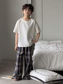 DAZY Tween Boy Solid Color Round Neck Drop Shoulder T-Shirt And Plaid Pants Casual Outfit Summer - White - View 4
