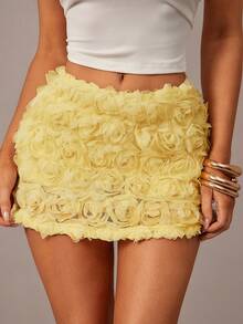 Radiana 女士性感优雅浪漫浅黄色3D玫瑰花卉低腰紧身迷你裙，夏季 - 鵝黃色 - 查看 6