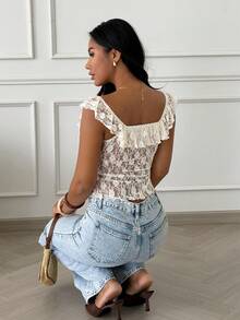 Slaydiva Blusa de encaje semitransparente con volantes y bajo asimétrico, de color albaricoque, de estilo bohemio, romántico y perfecto para vacaciones y citas de verano para mujeres - Albaricoque - Ver 2