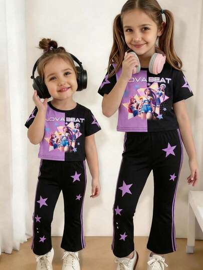 SHEIN 女婴时尚撞色星星卡通印花短袖T恤和裤子两件套