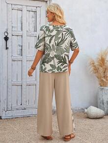 EMERY ROSE Women's Tropical Plant Print Shirt And Wide Leg Pants Casual 2 Pieces Set - Multicolor - View 2