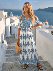 Faunlyn 女士碎花露肩优雅连衣裙，适合度假 - 藍色 - 查看 3