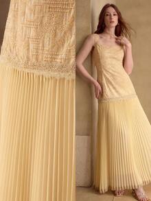 MOTF PREMIUM 女士浪漫优雅无袖长款褶皱连衣裙，春夏款 - 黃色 - 查看 1