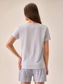 女士纯棉两件套灰色可爱熊猫印花圆领短袖衬衫和格子短裤家居服舒适休闲睡衣套装 - 灰色 - 查看 2