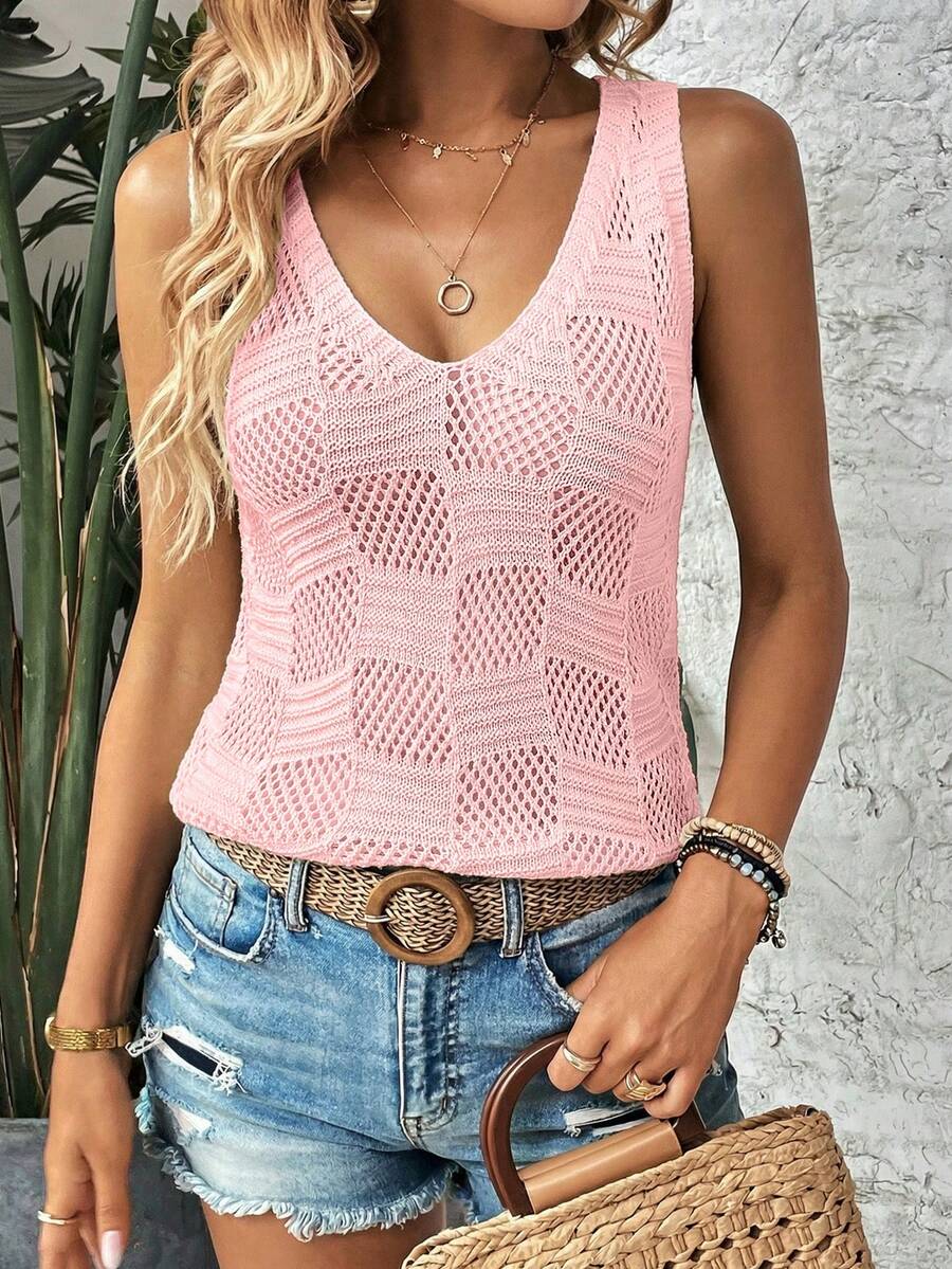 EMERY ROSE Women's Solid Color Hollow Casual Versatile Knit Top For Daily Wear - Pink - View 1