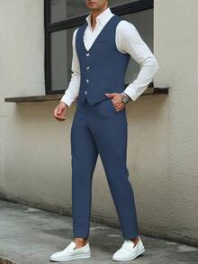 Manfinity Mode Men Business Formal Button Front Vest Suit Jacket And Tailored Pants And Men Vest Suit Clothing 2 Pieces Set - Navy Blue - View 6