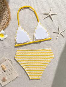 SHEIN Tween Girls Plaid Bikini Sets: Halter Design, Sweet Decor, Unlocking Summer Beach Fashion Yellow Swimwear Yellow Bikini Set Striped Swimwear Summer Bathing Suits Buy Swimwear Yellow Striped Bikini High Waisted Bikini Full Coverage Bikini Summer Outfits For Girl Swimwear Yellow Cami Top Spring Summer Picks 1pc Swimwear - Yellow - View 2