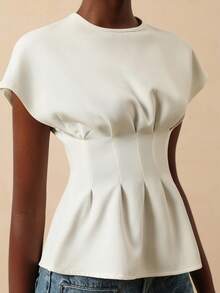 Vesra Women's Elegant Solid Color Cinched Waist Blouse For Commuting, Summer - Apricot - View 3