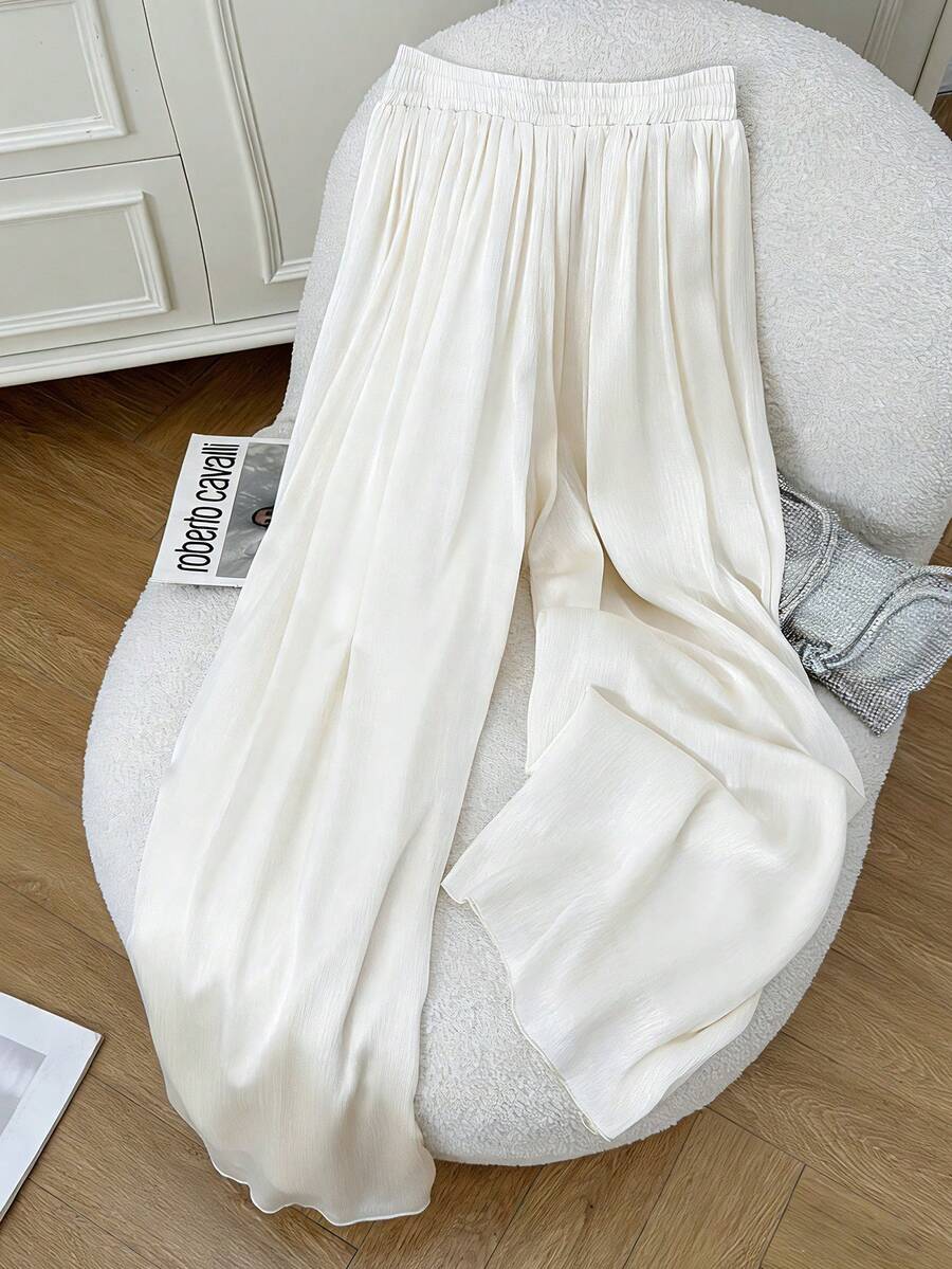 SHEIN Franclia Women's Elegant Casual Loose Elastic Waist Wide Leg Pants, Lightweight For Summer - Apricot - View 1